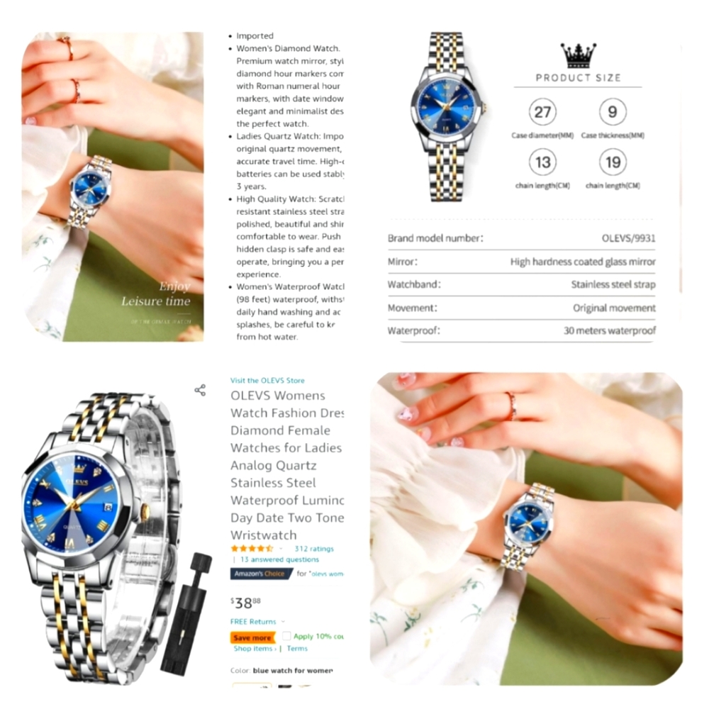 NEW, OLEVS LADIES ANALOG QUARTS DIAMOND ACCENT MARKERS, TWO/TONED LINK WATCH